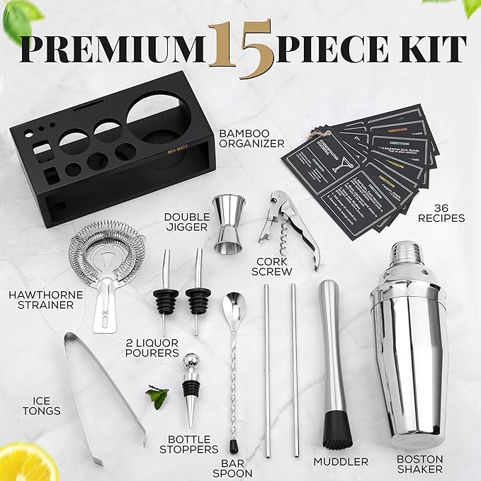 Mixology Bartender Kit with Stand - 15 Piece Bar Tool Set, Silver Bar Set Cocktail Shaker Set for Drink Mixing - Includes Martini Shaker, Jigger, Strainer, Bar Mixer Spoon, Tongs, Opener | Gift Idea-Ruum Studio Home
