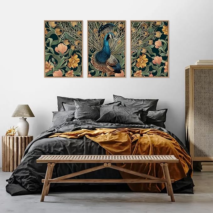 HLNIUC Peacock Framed Canvas Wall Art,Large Peacock Flower Wall Decor Set of 3(16”x24”)Modern Elegance Peacocks Floral Framed Painting,Vintage Beautiful Animal Feather Art Print for Living Room,Office-Ruum Studio Home
