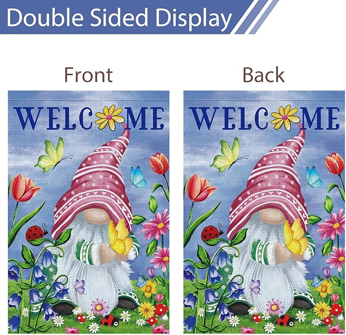 Welcome Spring Gnome Garden Flag 12x18 Double Sided Burlap Butterfly Floral Garden Yard Flags for Spring Summer Rustic Seasonal Outside Outdoor House Decoration (ONLY FLAG)-Ruum Studio Home