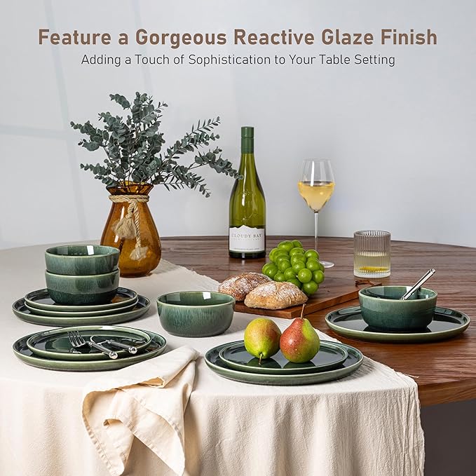 GBHOME Ceramic Dinnerware Sets for 6, 18 Pieces Stoneware Plates and Bowls Sets, Reactive Glaze Dishes -Scratch Resistant, Dishwasher&Microwave Safe, Earth Green-Ruum Studio Home