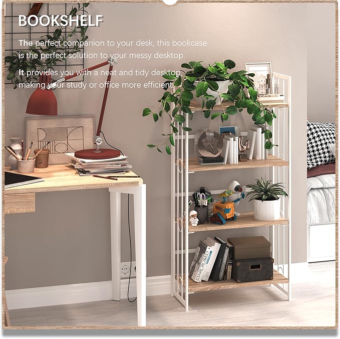 4NM No Assembly 4 Tiers Folding Bookshelf, 47.2" H Foldable Storage Shelves Vintage Bookcase Standing Racks Study Organizer Home Office - Natural White-Ruum Studio Home