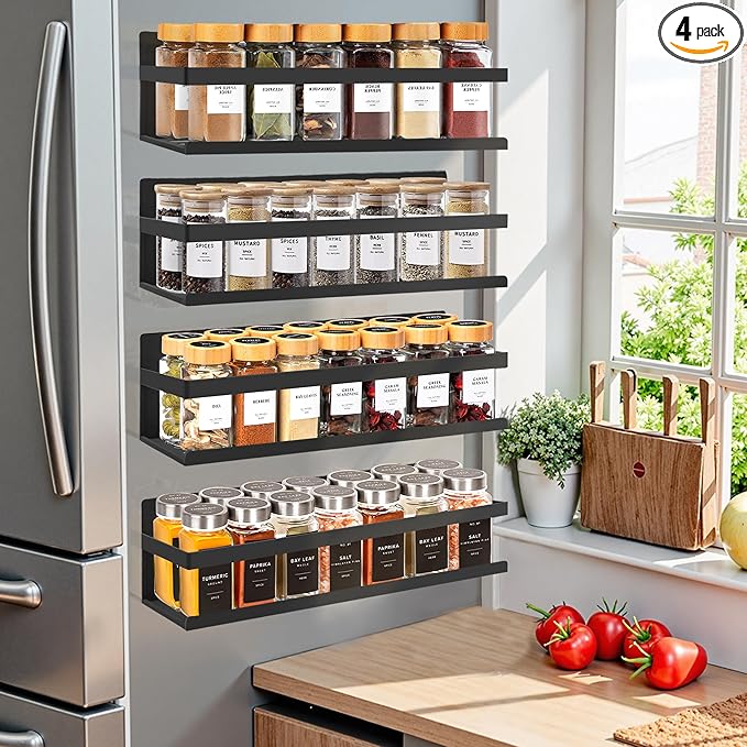 Magnetic Spice Rack Organizer for Fridge Seasoning Organizer for Kitchen Storage With Screw Magnetic Shelf for Oven, RV,Garage,Bathroom(Black, 4pack)-Ruum Studio Home