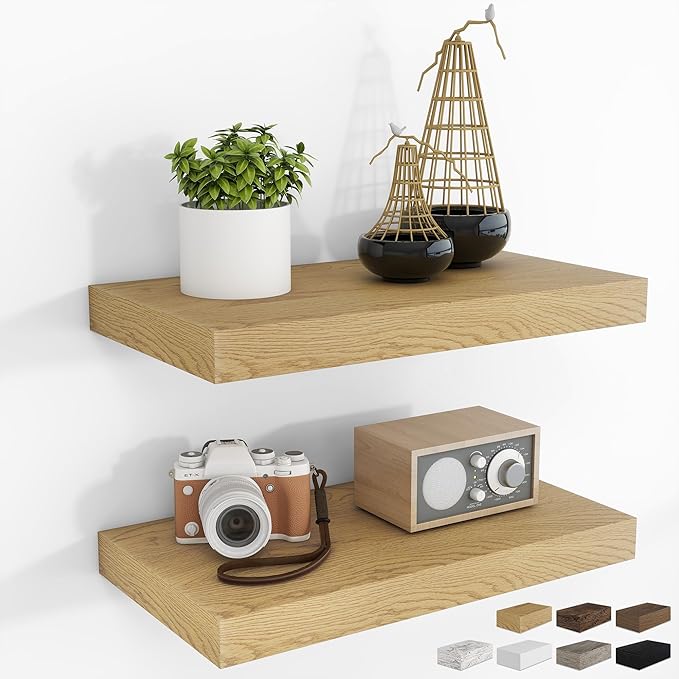 RICHFOCUS 16Inch Floating Shelves for Wall 2 Pack Shelves for Bedroom|Kitchen|Bathroom Wall Mounted Rustic Wood Floating Shelf with Invisible Brackets for Books|Storage|Decor, Oak-Ruum Studio Home
