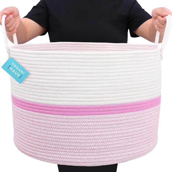 OrganiHaus Boho Woven Basket for Blankets and Laundry, Decorative Large Storage Bin for Living Room, Nursery Basket for Toys & Clothes, Soft Cotton Rope with Handles 20x13 inches - Striped Pink-Ruum Studio Home