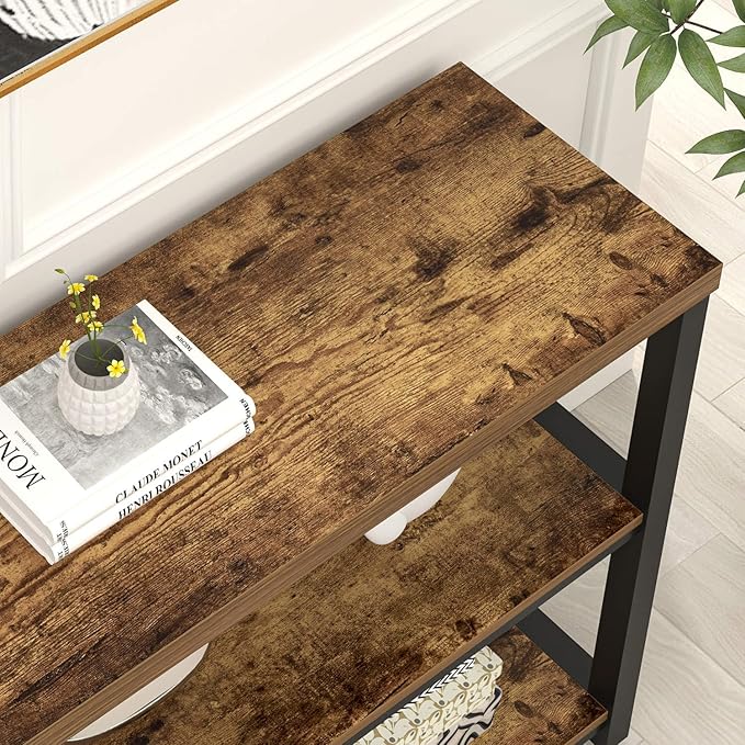FOLUBAN Industrial Console Table, 3 Tier Entryway Table, Sofa Foyer Table for Living Room Hallway Behind Couch, Rustic Brown-Ruum Studio Home