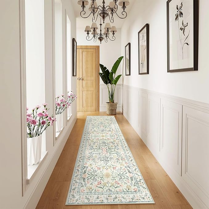Wonnitar Washable Rug Runner 2'6''x8', Boho Floral Hallway Runner Rug 8ft Long Carpet for Bedroom, Soft Non Slip Ultra-Thin Beige Carpets for Bathroom Kitchen Bedside-Ruum Studio Home