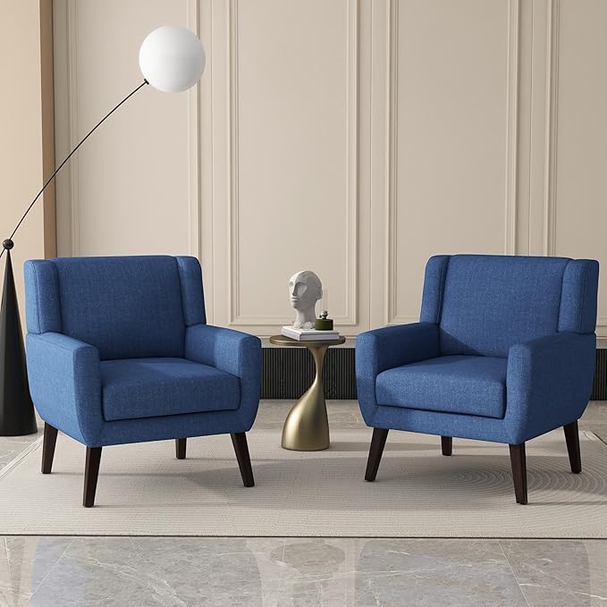 UIXE Accent Chairs Set of 2, Fabric Upholstered Armchair for Living Room, Comfy Arm Chair Single Sofa Bedroom Side Reading Seat - Flax Blue-Ruum Studio Home