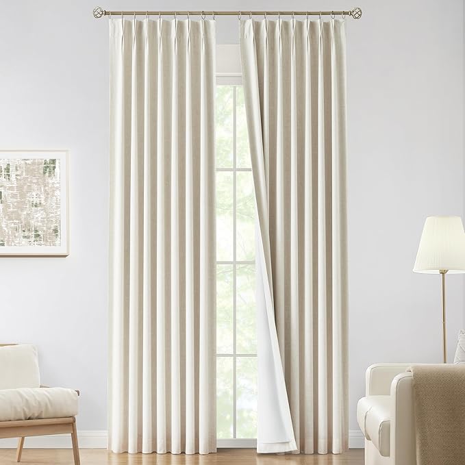 Vision Home Natural Pinch Pleated Full Blackout Curtains Linen Blended Room Darkening Window Curtains 120 inch for Living Room Bedroom Thermal Insulated Pinch Pleat Drapes with Hooks 10ft 40"Wx120"Lx2-Ruum Studio Home