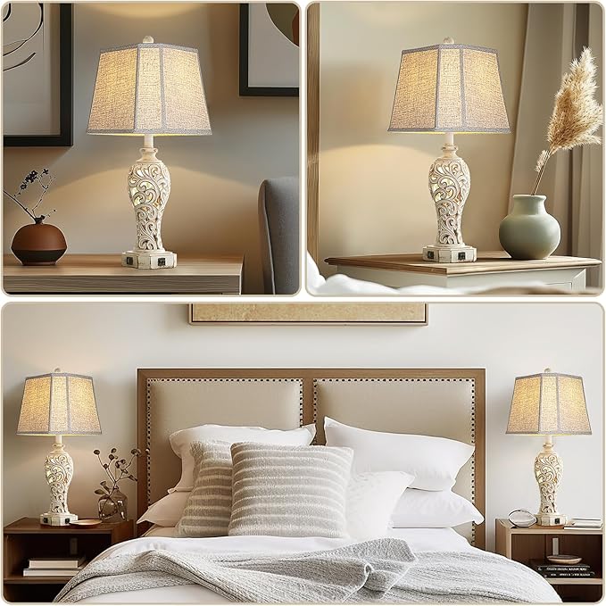 25'' Farmhouse Table Lamp for Living Room Bedroom, 2 USB Ports Vintage Rustic Nightstand Desk Lamp with Nightlight, White Hollow Out Resin Lamp for End Table (Bulb Included)-Ruum Studio Home