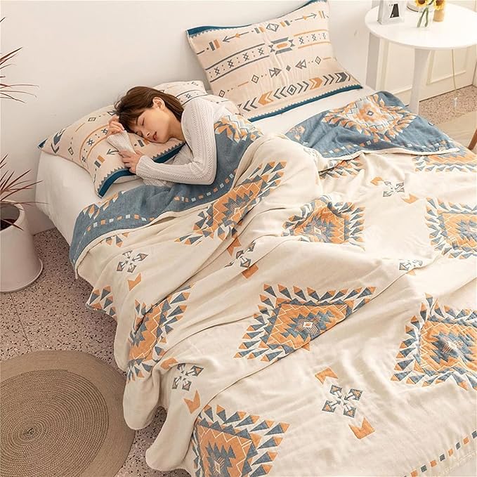 100% Cotton Throw Blankets for Couch Bed Chair Sofa,Cotton Quilt Throw Woven Boho Bed Blankets,Versatile Knit Woven Super Soft Decorative Blanket for Women,80''Wx 90''L-Ruum Studio Home