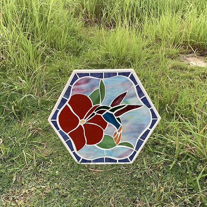 Bieye MSS003 Tiffany Style Stained Glass Mosaic Decorative Stepping Stone for Garden Decor (13" Hexagonal, Hummingbird)-Ruum Studio Home