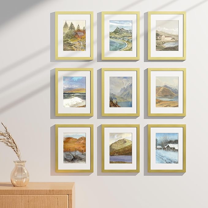 Vittanly 8.5x11 Picture Frames Set of 9, Shatter Resistant Plexiglass, Display 6x8 Pictures with Mat or 8.5x11 without Mat, Photo Frames for Wall or Tabletop, Engineered Wood, Gold-Ruum Studio Home