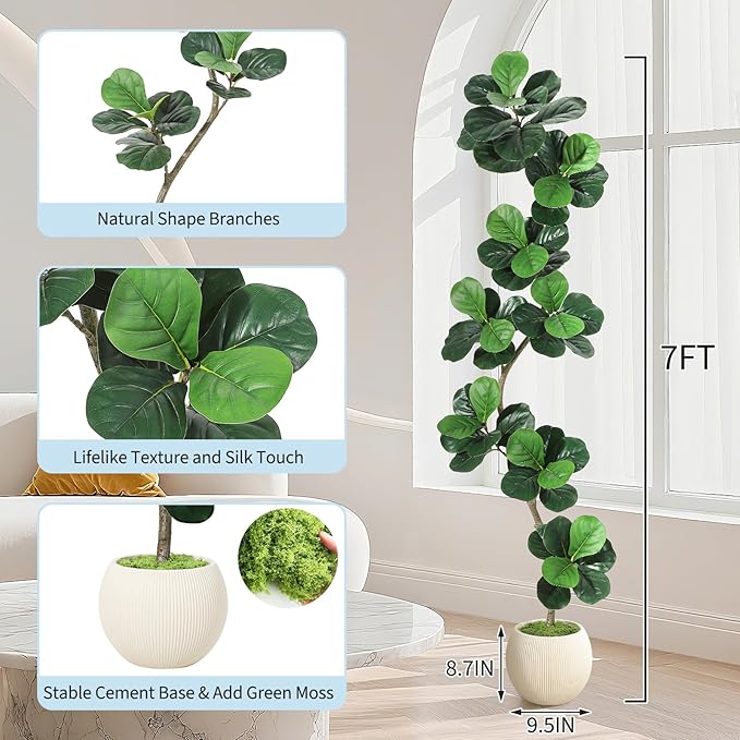 GarveeHome Fiddle Leaf Fig Artificial Tree with White Planter,7ft Faux Plants Indoor with Moss, Fake Rubber Tall Fake Floor Plant in Pot - Artificial Trees for Home Office Living Room Decor-Ruum Studio Home
