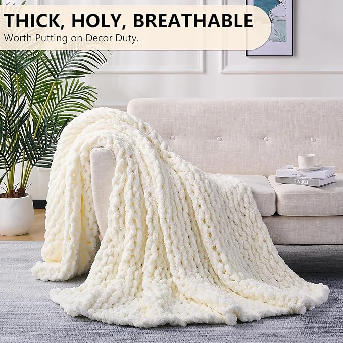 L'AGRATY Chunky Knit Blanket Throw: 72''x84'' Chenille Chunky Knitted Throw Blanket for Bed Couch - Handmade Thick Big Cable Knit Blanket - Large Chunky Crochet Blanket for Home Decor(Cream White)-Ruum Studio Home