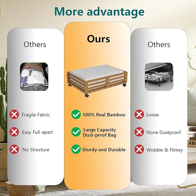 Bamboo Under Bed Storage Containers- Underbed Organizer with Wheels with Large Dust Bag,Sturdy Wood Rolling Under the Bed Shoe Storage Organizer Drawer 2 Packs (Walnut, Small)-Ruum Studio Home