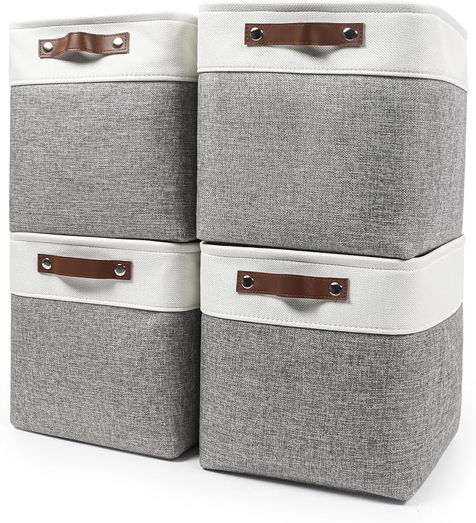 Collapsible Fabric Storage Cubes 11x11 Cube Storage Bins, 4 Pack Closet Baskets Box with Handles for Organizing, Shelf, Toys, Clothes, Home, Office, Nursery (Grey&White)-Ruum Studio Home