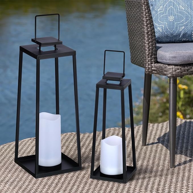 Solar Lantern Decorative Outdoor Set of 2 (18’’ & 15’’) Modern Black Metal Lanterns with Solar Candles, Decorative Candle Lanterns for Outdoor Porch, Patio, Garden, Yard Decor-Ruum Studio Home