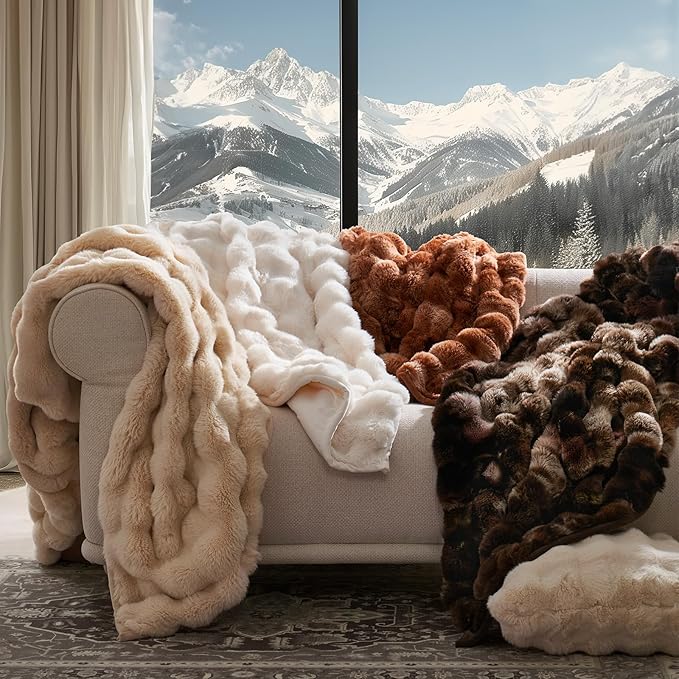 EVERGRACE Ultra Soft Luxury Fluffy Ridgeline Faux Rabbit Fur Throw Blanket, Thick Warm Bubble Throw for Bed, Cozy Plush Reversible Blankets for Couch, Chair, Sofa, Cream, 80x90 Inches, 870 GSM-Ruum Studio Home