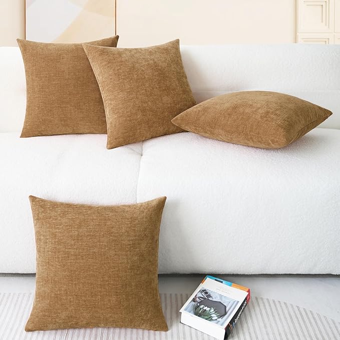 CaliTime Throw Pillow Covers Decorative 18 X 18 Inches Pack of 4 Cozy Chenille Cushion Cases for Couch Sofa Bed Living Room Home Apricot Brown-Ruum Studio Home