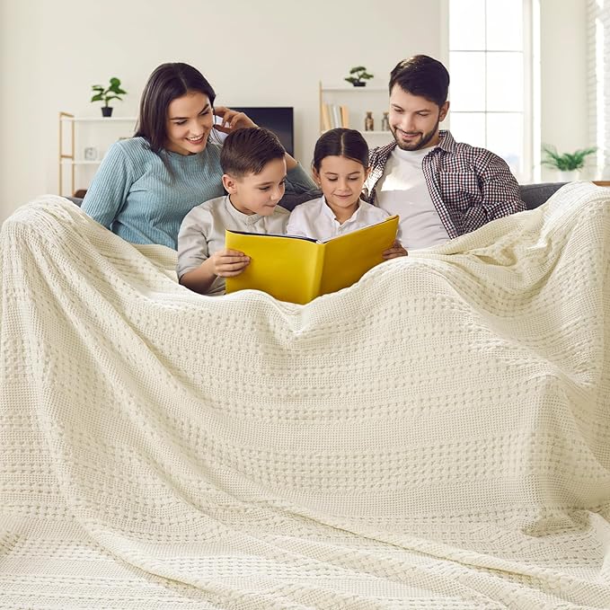 PHF 100% Cotton Waffle Blanket Oversized King 120"x120", Lightweight Breathable Extra Large 10'x10' Summer Blankets for Bed, Giant Big Luxury Aesthetic Woven Bedding for Home Decor, Cannoli Cream-Ruum Studio Home