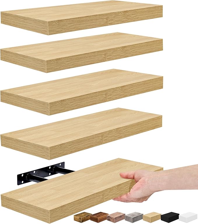 Sorbus Floating Shelves for Wall, Bathroom Shelves Wall Mounted for Kitchen, Bedroom, Living Room, Bathroom Storage, Over Toilet, Hanging Book Shelf for Ｗall Home Decor (Maple Wood, 5 Pack)-Ruum Studio Home