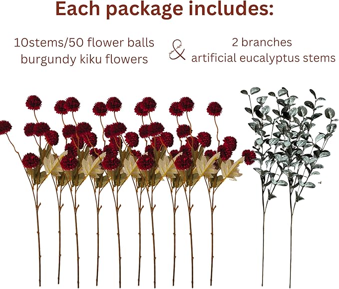 Burgundy Flowers, Maroon Artificial 10 Long Stems + Eucalyptus, Wine Colored Silk Flowers for Burgundy Decor, Fall Table Centerpieces, Dark Red Faux Mums, Thanksgiving Centerpieces For Tables-Ruum Studio Home