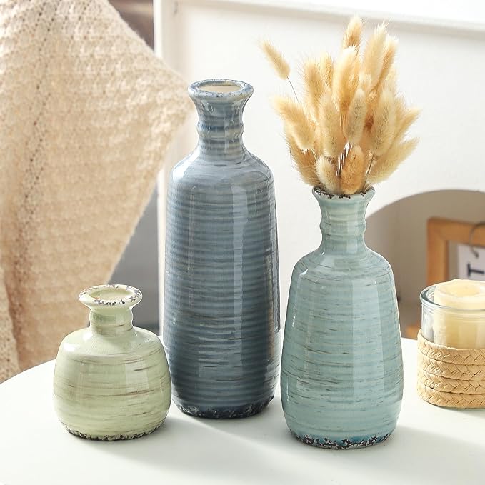 Ceramic Vase Set of 3, Rustic Neutral Vases Home Decor Farmhouse Decorative Flower Vase Modern Boho Pampass Vases for Table Mantel Entryway Shelf Living Room Kitchen Bathroom - Multicolor-Ruum Studio Home