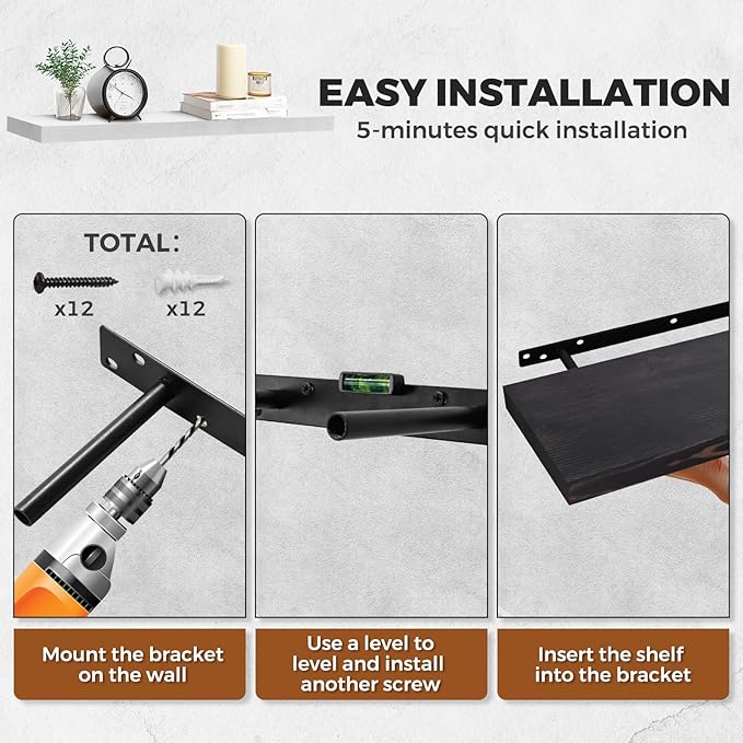 Floating Wall Shelves - 16"x6.8"x1.2" Sturdy Rustic Black Solid Wood Shelves for Storage and Décor, Easy Installation for Living Room, Bedroom, and Kitchen - 2 Pack-Ruum Studio Home