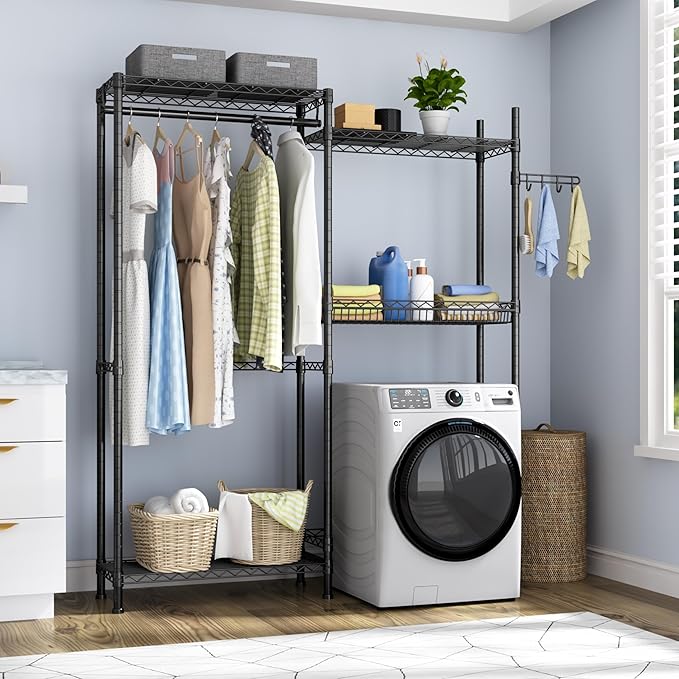 Over Washer and Dryer Shelves,Laundry Room Storage Organization Clothes Drying Rack,4 Tier Adjustable Height Wire Shelving with Wire Basket,Hanger Rod&Hook,Space Saving Shelf-Ruum Studio Home