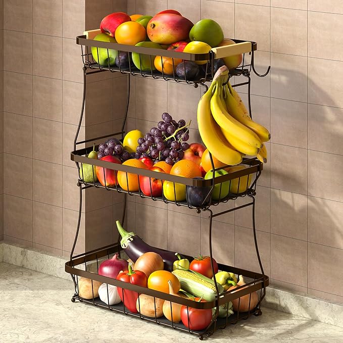 3 Tier Fruit Basket for Kitchen Counter with 2 Mobile Banana Hangers, 2025 Pro Detachable Metal Fruit Bowl with Wooden Handle, Fruit Holder for Bread Snack Veggies, Brown-Ruum Studio Home