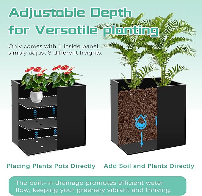 Metal Rectangular Planter Box, Small Planter Boxes Outdoor, 18''L x 18''W x 20''H Heavy Duty Plant Box with Removable Insert Shelf, 3 Tier Adjustable Height Tall Garden Planter for Plants, Flowers-Ruum Studio Home