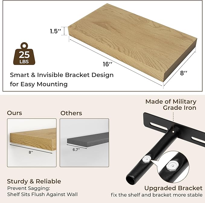 RICHFOCUS 16Inch Floating Shelves for Wall 2 Pack Shelves for Bedroom|Kitchen|Bathroom Wall Mounted Rustic Wood Floating Shelf with Invisible Brackets for Books|Storage|Decor, Oak-Ruum Studio Home