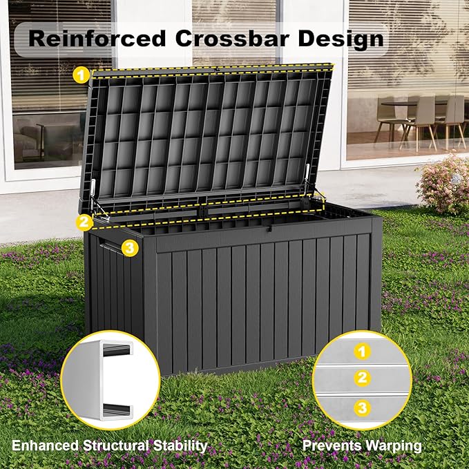 230 Gallon Outdoor Deck Box,Storage Lockable Waterproof Patio Furniture,Garden Tools,Cushions,Pool Accessories Outside Storage Resin Box(Black)-Ruum Studio Home