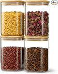 41oz Airtight Glass Square Storage Canister with Bamboo Lid Set of 4 (1200ml) Container Stackable Jar, Kitchen Canister for Pantry Noodles, Flour and Coffee beans (‎with Black Lable)-Ruum Studio Home