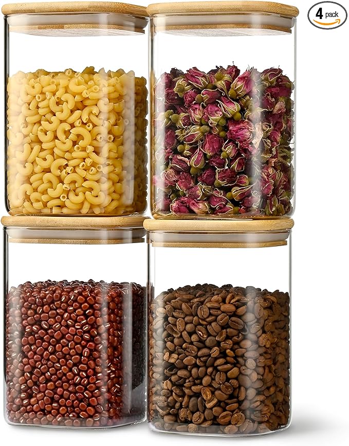 41oz Airtight Glass Square Storage Canister with Bamboo Lid Set of 4 (1200ml) Container Stackable Jar, Kitchen Canister for Pantry Noodles, Flour and Coffee beans (‎with Black Lable)-Ruum Studio Home