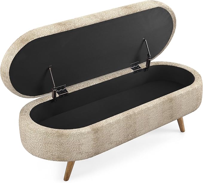 Oval Storage Bench 43.5" Linen Fabric Upholstered Entryway Bench with Solid Wood Legs Ottoman Bench Indoor Bench for Living Room/Bedroom/End of Bed/Entryway (Brown)-Ruum Studio Home