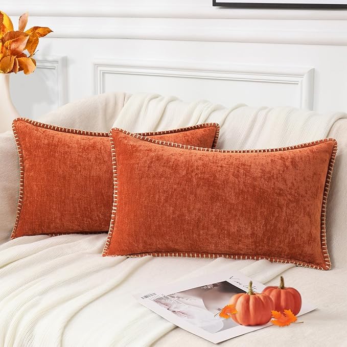 decorUhome Fall Chenille Soft Throw Pillow Covers 12x20 Set of 2, Lumbar Velvet Farmhouse Neutral Decorative Euro Pillow Covers with Stitched Edge for Couch Sofa Bed Home Decor, Rust-Ruum Studio Home