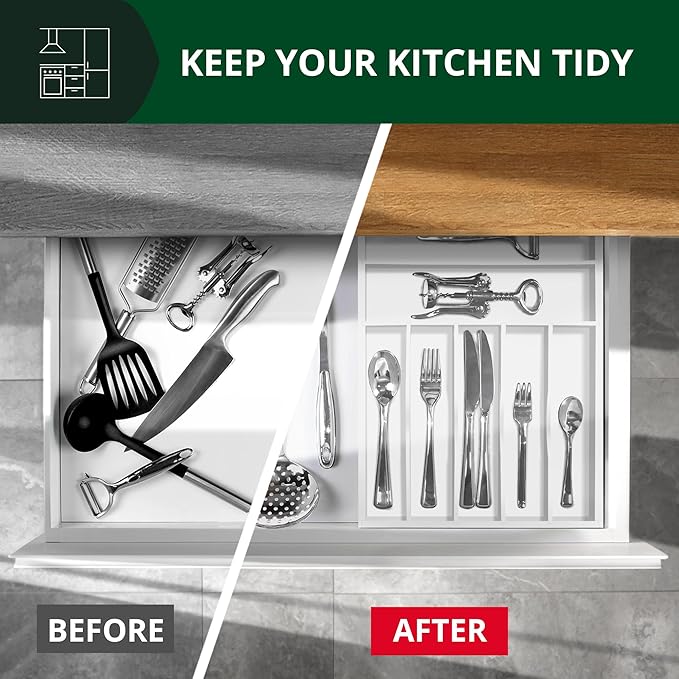 ROYAL CRAFT WOOD Luxury Bamboo Kitchen Drawer Organizer - Silverware Organizer - Utensil Holder and Cutlery Tray with Grooved Drawer Dividers for Flatware and Kitchen Utensils (7 Slot, White)-Ruum Studio Home