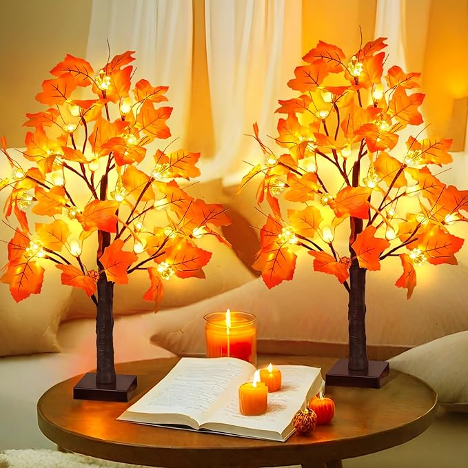2 Pack 24 Inch Prelit Fall Maple Tree Fall Decor with 48 LED Timer Battery Operated Artificial Fall Light Up Tree Pumpkin Maple Acorn for Fall Thanksgiving Decorations Table Home Indoor Autumn Harvest-Ruum Studio Home