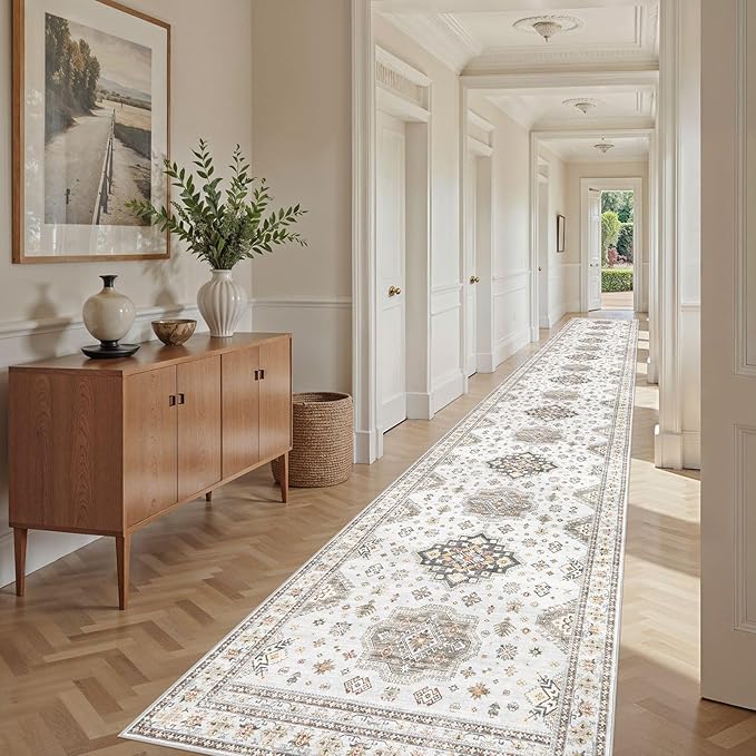 Washable 3x20 Runner Rug - Area Rugs Neutral Vintage Distressed Floral Farmhouse Boho Large Soft Floor Rug Indoor Carpet for Hallway Entryway Home - Blue Brown-Ruum Studio Home