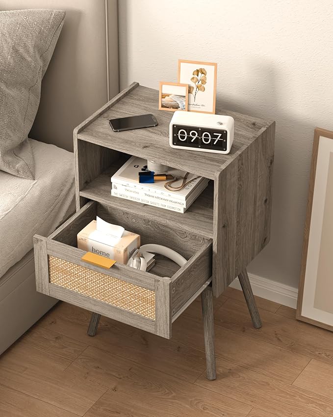 Rattan Nightstand,Modern Bedside Table with Storage Drawer and Open Wood Shelf, for Living Room, Bedroom and Small Spaces, Accent Night Stand with Solid Wood Legs, Easy Assembly(Grey Oak)-Ruum Studio Home