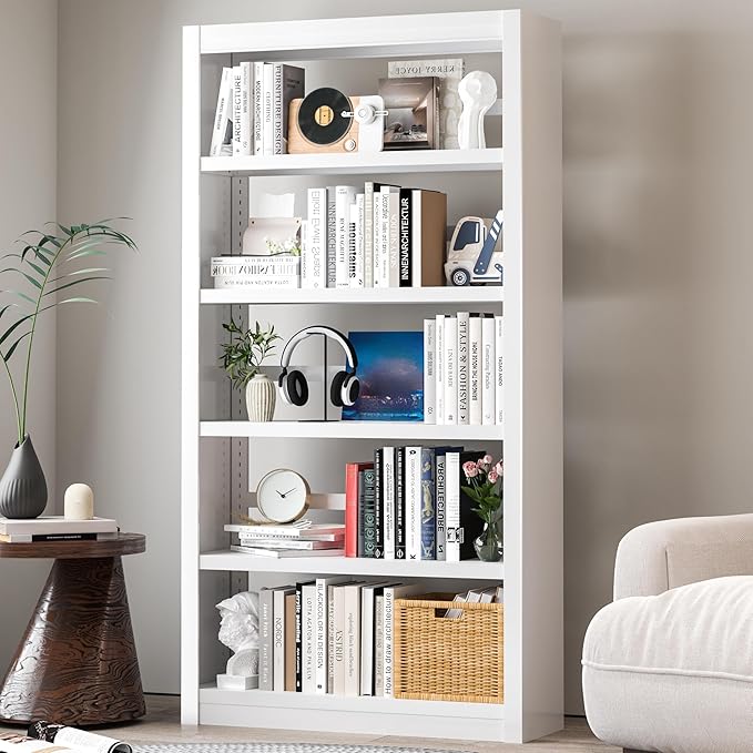 Metal Bookshelf Adjustable - 61" Tall White Bookcase, 5 Tier Book Shelf, Tooless Assembly Book Case, Modern Bookshelves and Bookcases for Home Office, Living Room, Bedroom, Study, Library-Ruum Studio Home