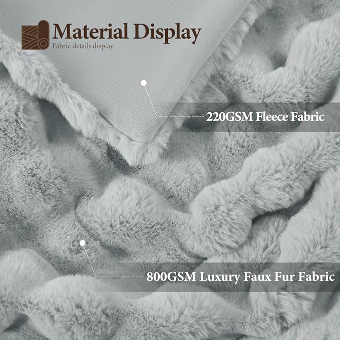 Touchat Luxury 1000GSM Faux Rabbit Fur Throw Blanket, Super Heavy Warm Cozy Grey Blankets for Couch Bed Sofa, Ruched Plush Fuzzy Elegant Soft Reversible Mink Blanket for Living Room Bedroom-Ruum Studio Home