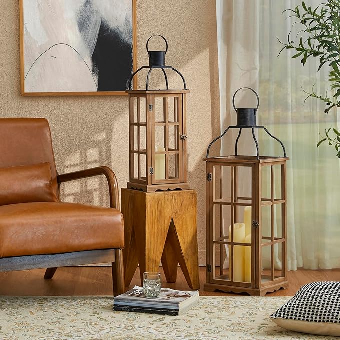 Glitzhome Set of 2 Oversized Farmhouse Wood Lanterns with Metal Top Decorative Hanging Candle Lanterns for Home Décor, Natural (No Glass)-Ruum Studio Home