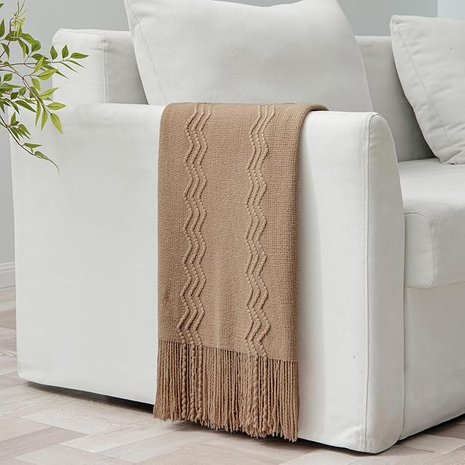 MIULEE Tan Taupe Knitted Throw Blanket for Couch Boho Textured Cozy Woven Blanket with Tassels for Sofa Chair Bed Living Room Farmhouse Home Decor Acrylic Wave Pattern 50"x60"-Ruum Studio Home