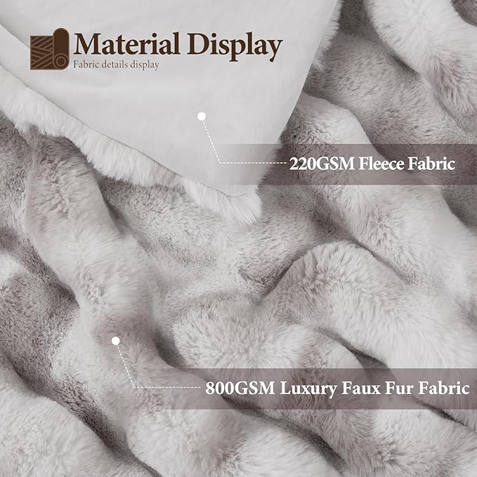 Touchat Luxury 1000GSM Faux Rabbit Fur Throw Blanket, Super Heavy Warm Cozy Grey Blankets for Couch Bed Sofa, Ruched Plush Fuzzy Elegant Soft Reversible Mink Blanket for Living Room Bedroom-Ruum Studio Home