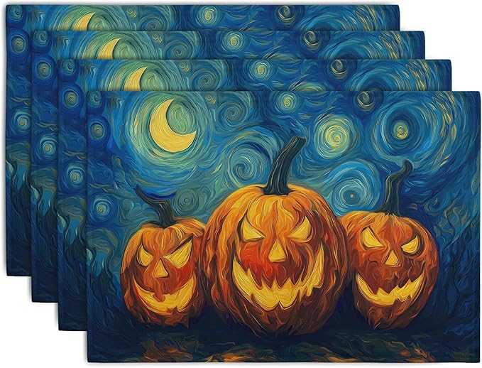 Halloween Placemats Set of 4 Pumpkin Vincent Van Gogh Starry Night Art Linen Table Mats 12x18 Inch Jack O Lantern Farmhouse Place Mats for Party Kitchen Dining Outdoor Indoor Decor-Ruum Studio Home