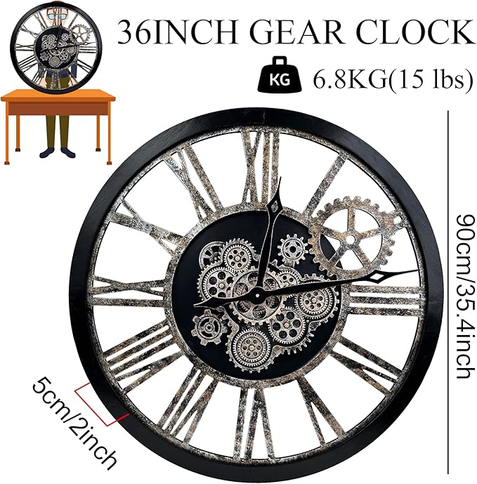 The B-Style 36" Large Moving Gear Wall Clock Oversized Vintage Farmhouse Wall Clocks for Living Room Decor Rustic Industrial Wood Clock (Black and Bronze)-Ruum Studio Home