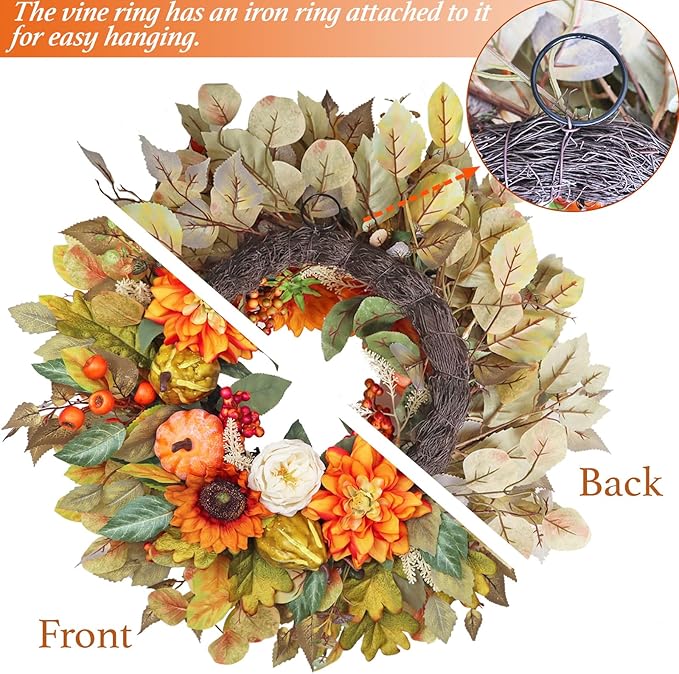 Fall Wreath for Front Door, 24 Inch Autumn Wreath with Pumpkins, Peony, Sunflowers & Dahlias, Fall Decorations for Home, Artificial Flowers Harvest and Thanksgiving Indoor & Outdoor-Ruum Studio Home