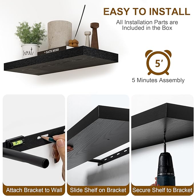 Fun Memories Black Floating Shelves 16 Inch Long, 8 Deep Floating Shelf Wall Mounted, 16 x 8 Inch Wooden Bathroom Shelves, Deep Storage Shelves for Living Room, Kitchen, Set of 2-Ruum Studio Home